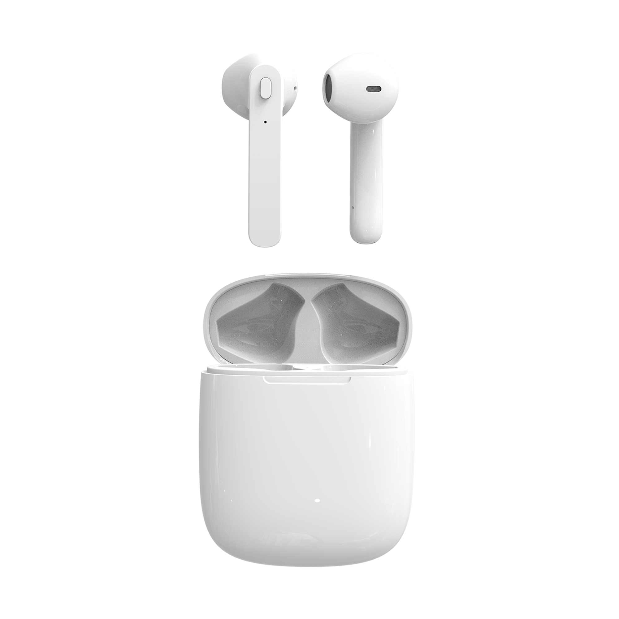Die Maginon In-Ear-Kopfhörer BIK-3PLUS in Weiß verfügen über Bluetooth 5.0, 3,5 Stunden Akkulaufzeit, induktives Laden und separate Fächer im offenen Gehäuse. Die Ohrhörer sind oberhalb des Gehäuses in Vorder- und Seitenansicht abgebildet.