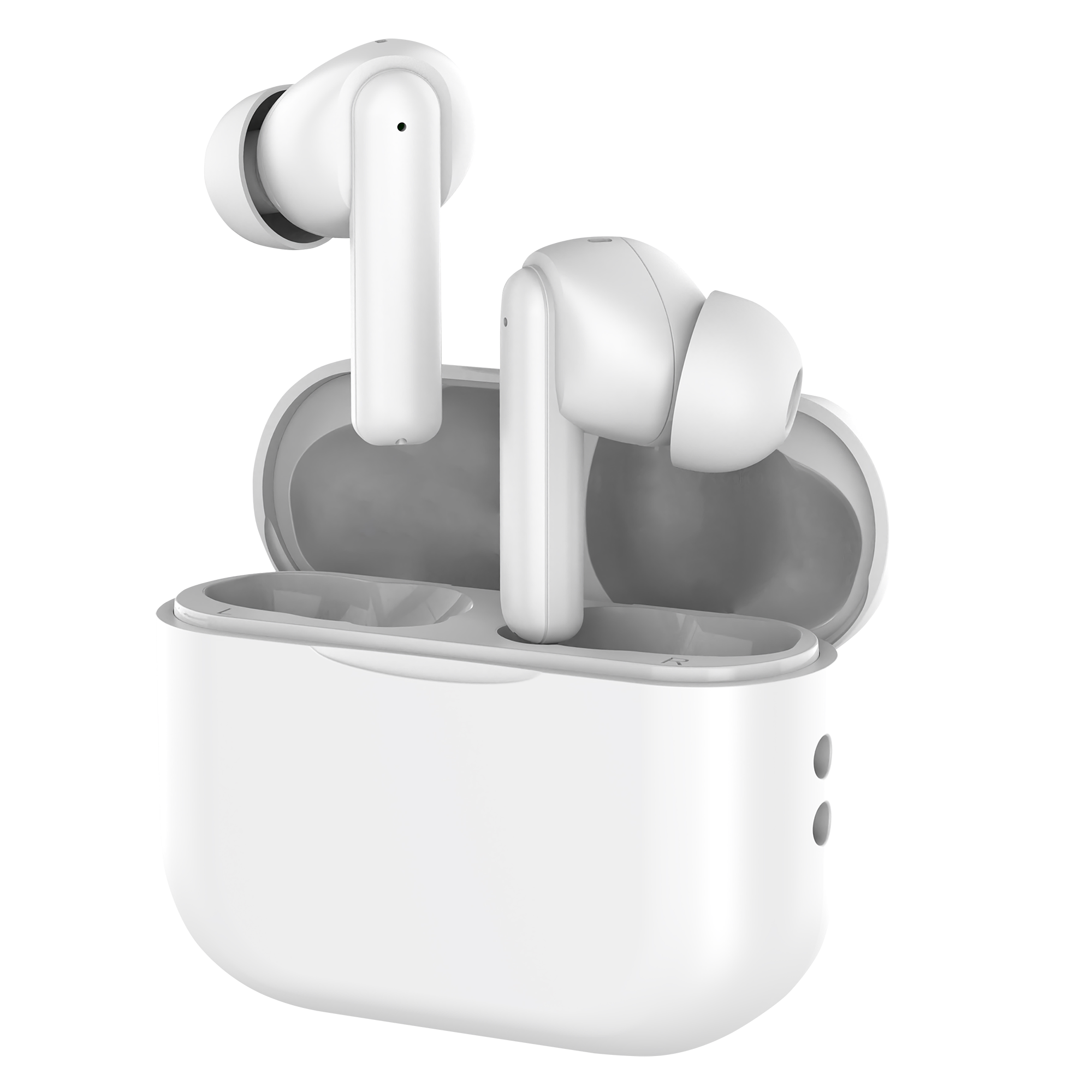 Der Maginon In-Ear-Kopfhörer BIK-8 – Bluetooth 5.3, mit ENC-Technologie & 6 Stunden Wiedergabe, liegen in ihrem weißen Case; Ein Ohrhörer steht aufrecht, der andere liegt flach. Modernes Design mit hoher Klangqualität.